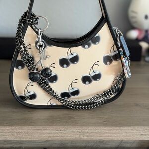 Coach Black & Cream Cherry Print Shoulder Bag with Silver Chain